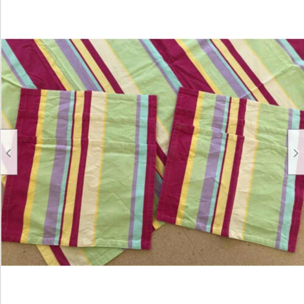 TAG Cotton Tablecloth & Placemat Set Bright Pink Green Stripe Print 76x59 India
